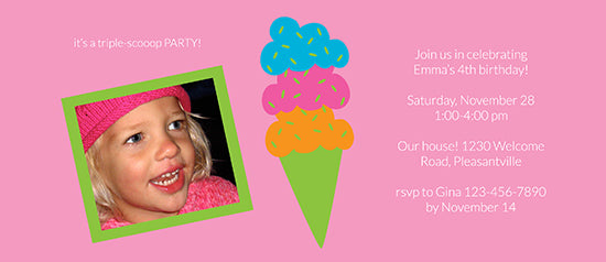Triple Scoop Cone - Pink Birthday Invitation