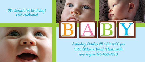 Baby Blocks - Blue & Green Birthday Invitation
