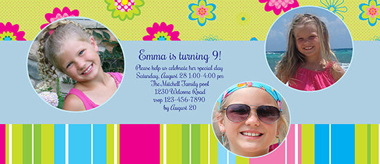 Floating Flowers & Stripes - Green Birthday Invitation
