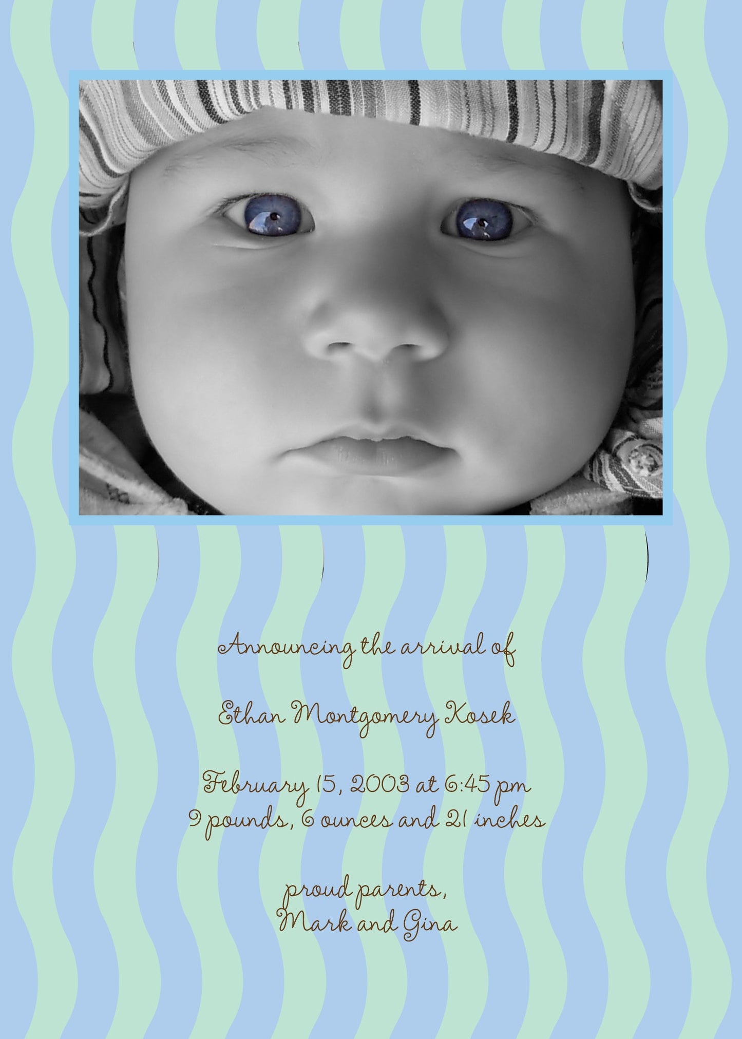 Wavy Stripes - Blue & Green Birth Announcements