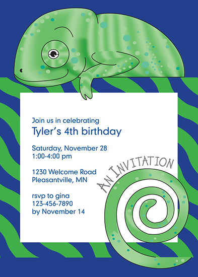 Jungle Animals Chameleon Birthday Invitation, Green Pattern