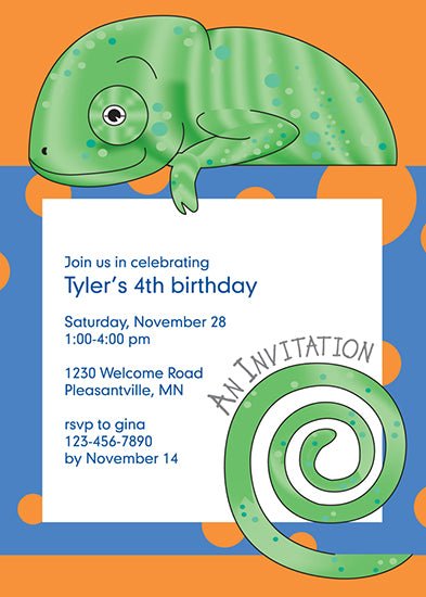 Jungle Animals Chameleon Birthday Invitation, Blue Pattern