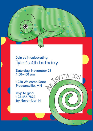 Jungle Animals Chameleon Birthday Invitation, Red Pattern