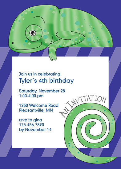 Jungle Animals Chameleon Birthday Invitation, Purple Pattern