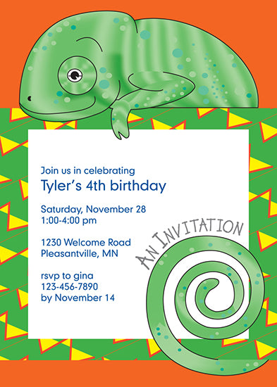 Jungle Animals Chameleon Birthday Invitation, Yellow Pattern