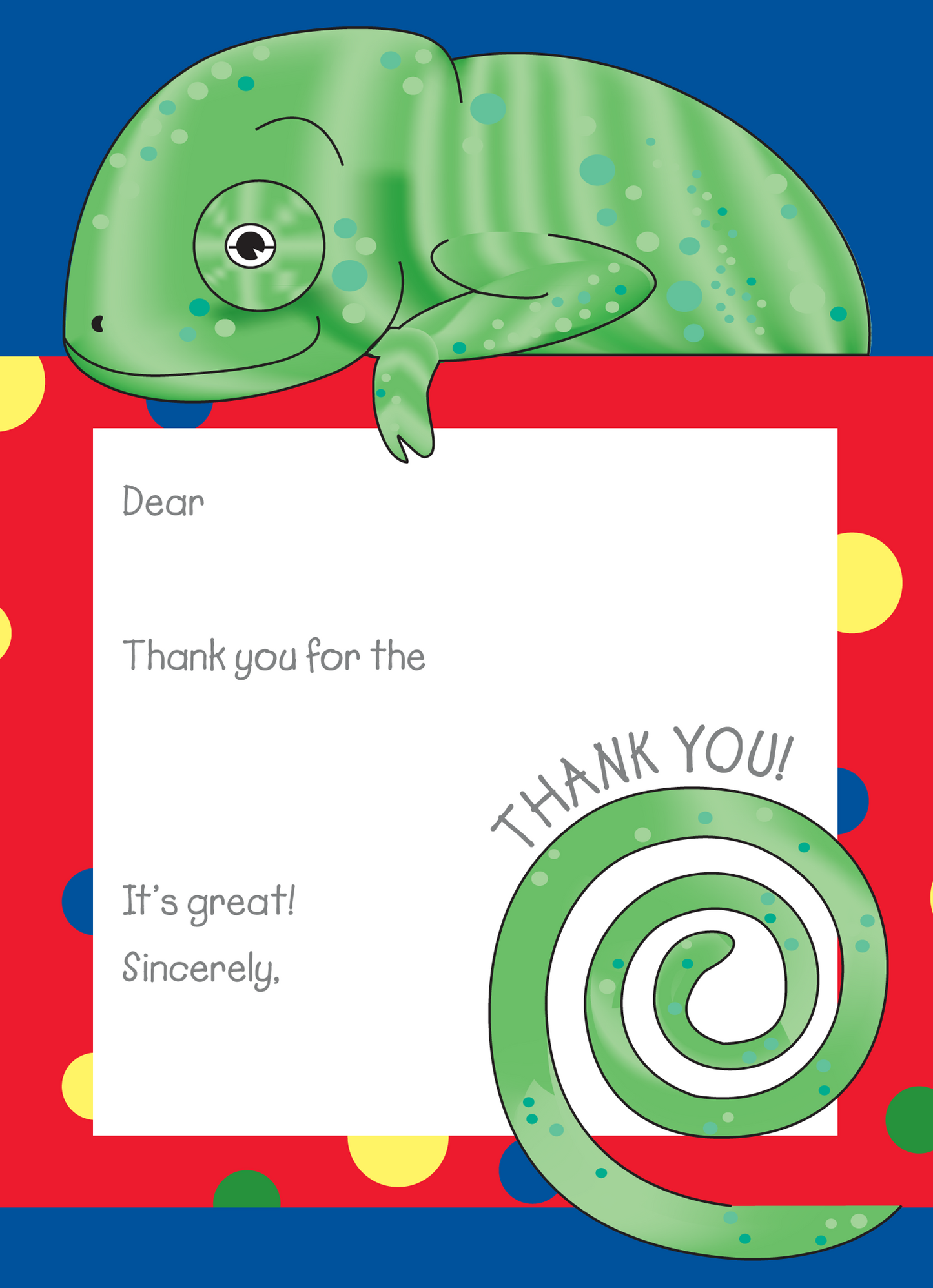 Jungle Animals Chameleon Thank You Note, Red Pattern