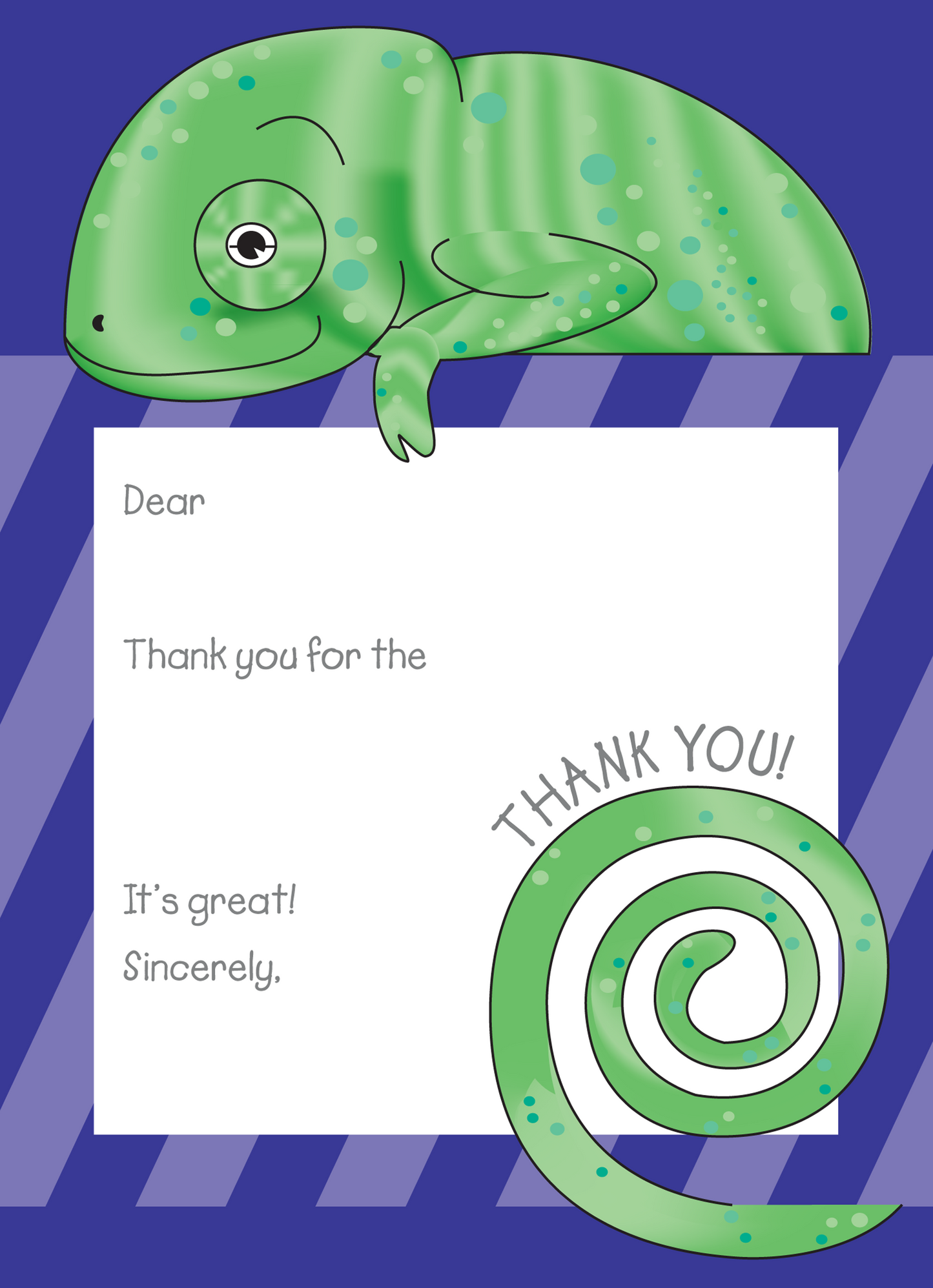 Jungle Animals Chameleon Thank You Note, Purple Pattern