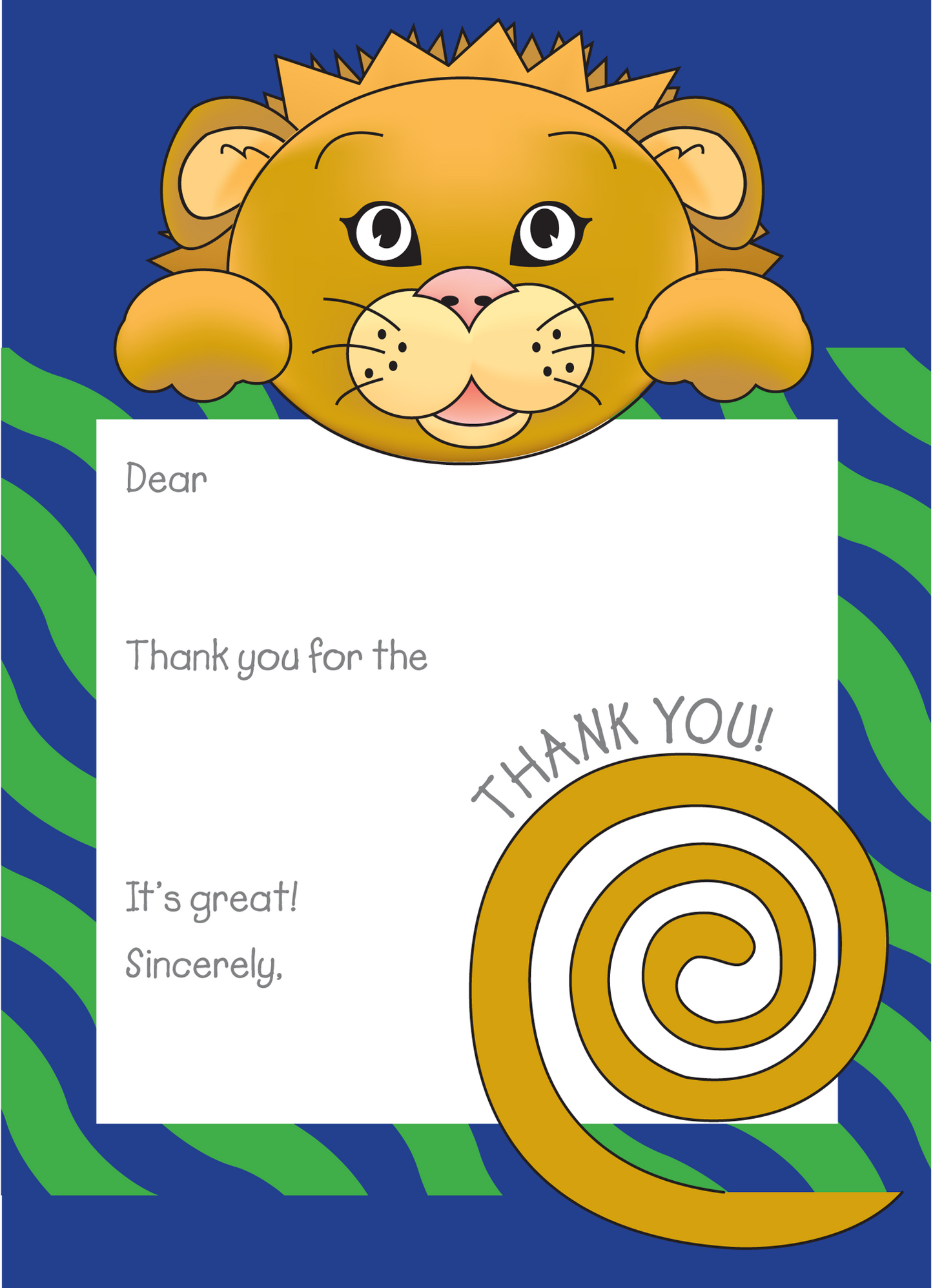 Jungle Animals Lion Thank You Note, Green Pattern