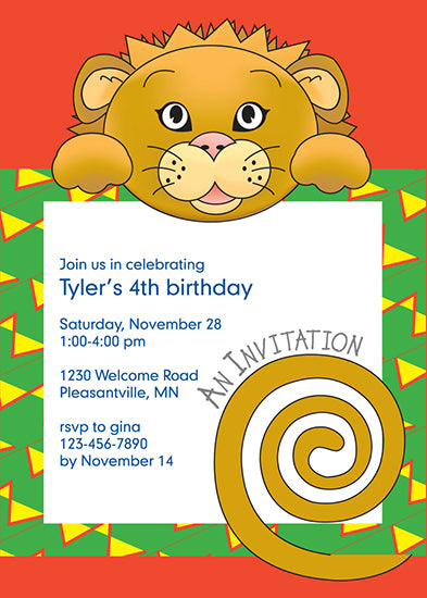 Jungle Animals Lion  Birthday Invitation, Yellow Pattern