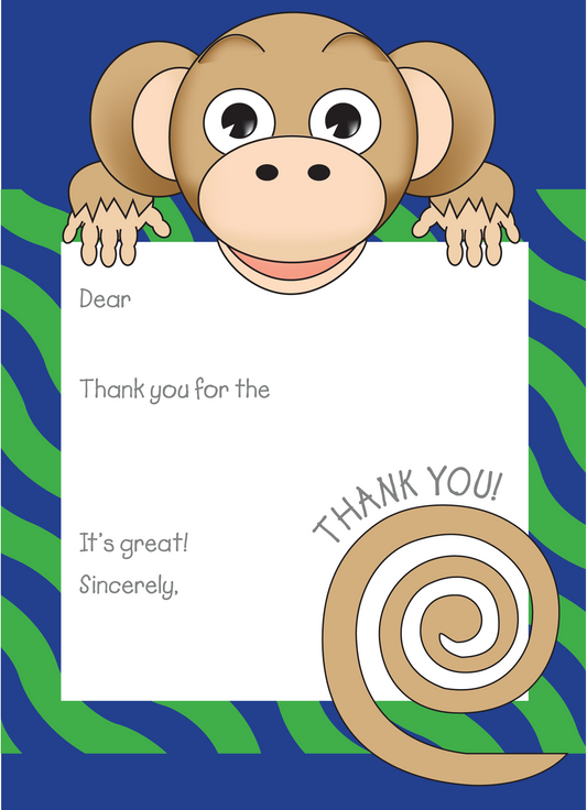 Jungle Animals Monkey Thank You Note, Green Pattern