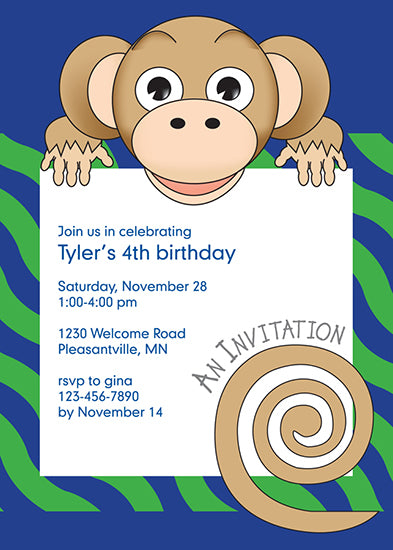 Jungle Animals Monkey Birthday Invitation, Green Pattern