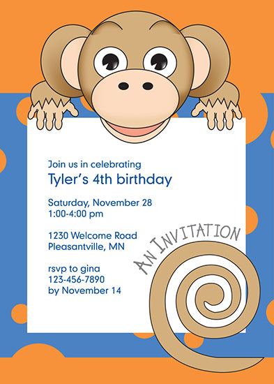 Jungle Animals Monkey Birthday Invitation, Blue Pattern