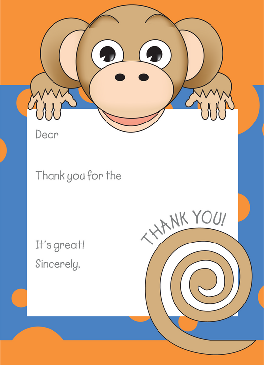 Jungle Animals Monkey Thank You Note, Blue Pattern