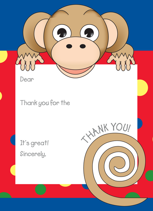 Jungle Animals Monkey Thank You Note, Red Pattern