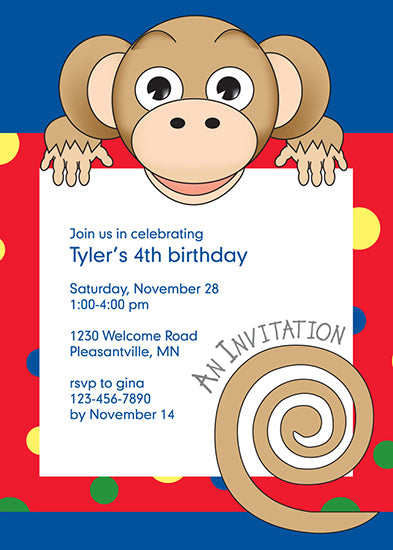 Jungle Animals Monkey Birthday Invitation, Red Pattern