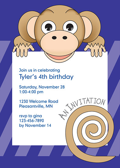 Jungle Animals Monkey Birthday Invitation, Purple Pattern