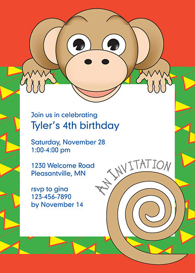 Jungle Animals Monkey Birthday Invitation, Yellow Pattern