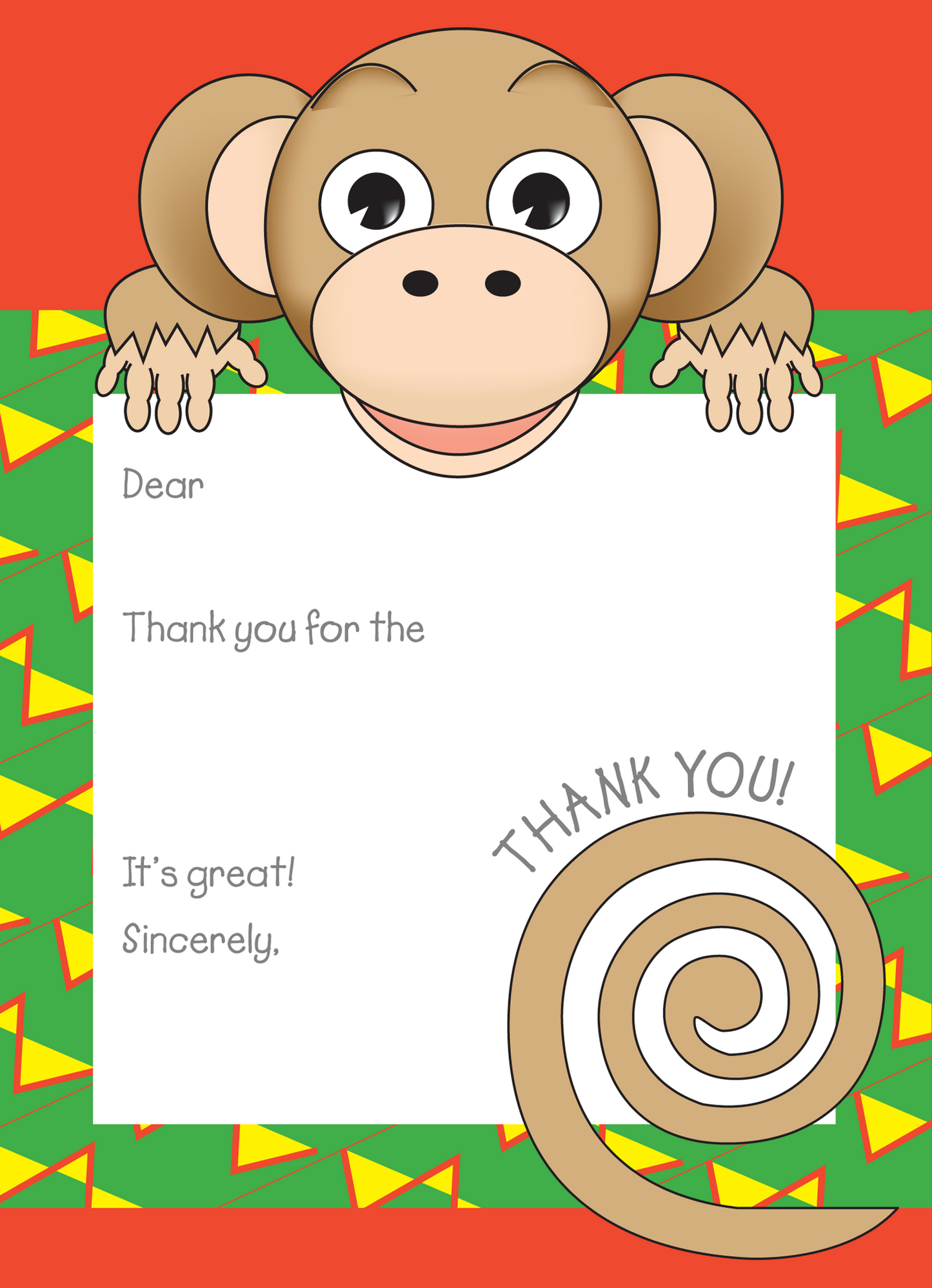 Jungle Animals Monkey Thank You Note, Yellow Pattern