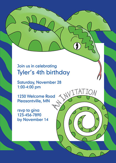 Jungle Animals Snake Birthday Invitation, Green Pattern