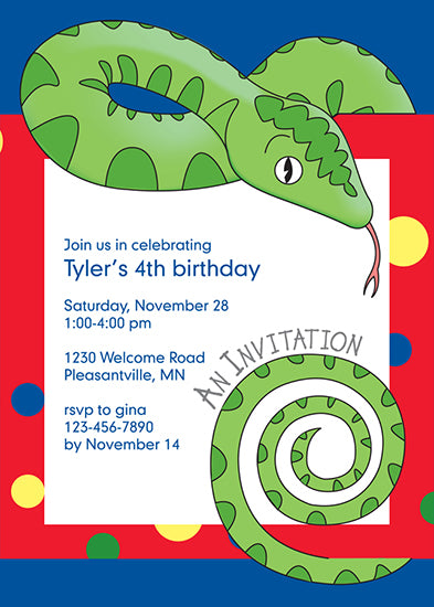 Jungle Animals Snake Birthday Invitation, Red Pattern