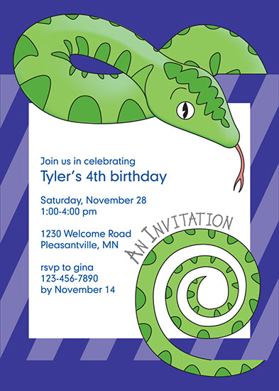 Jungle Animals Snake Birthday Invitation, Purple Pattern