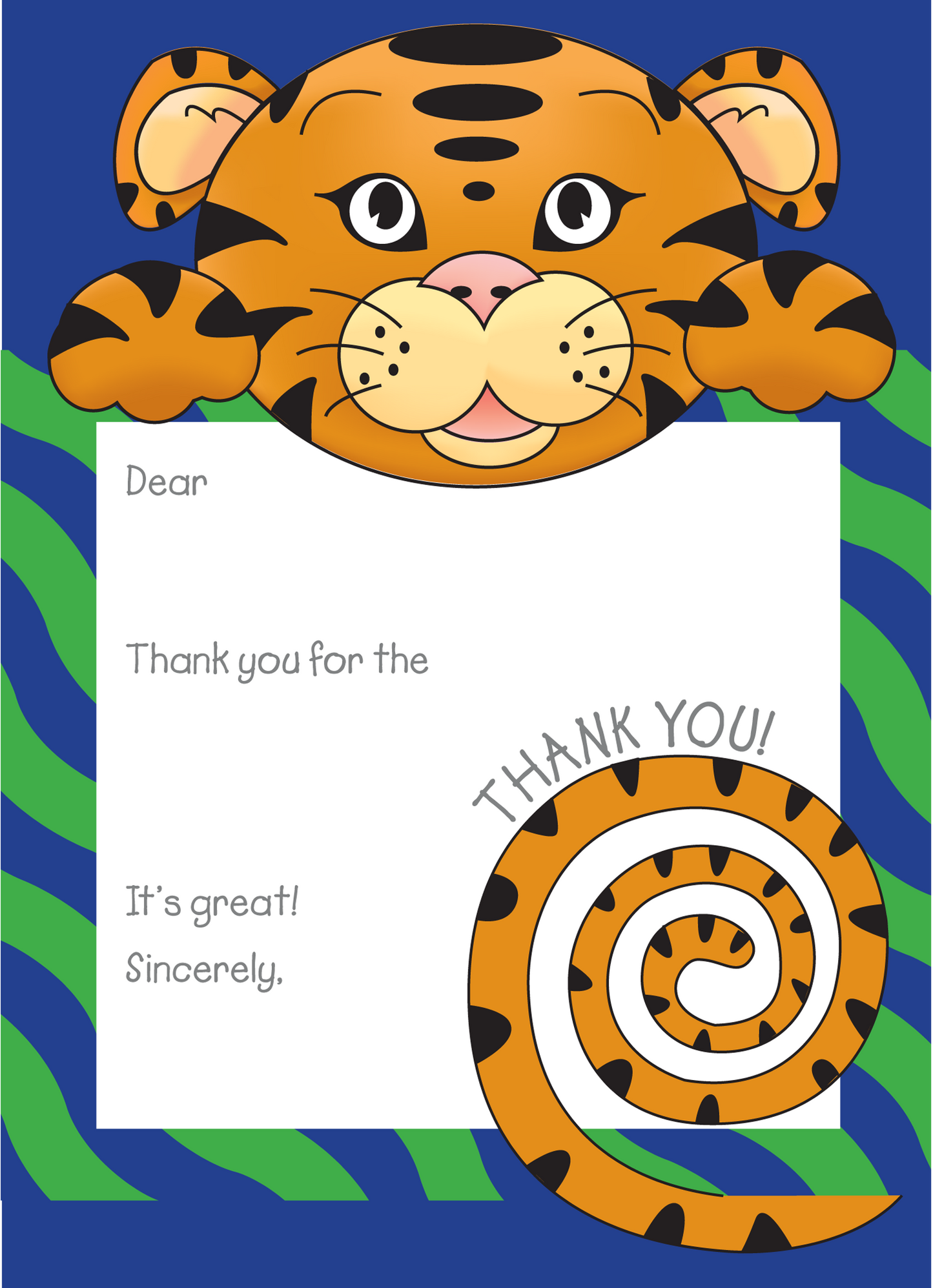 Jungle Animals Tiger Thank You Note, Green Pattern