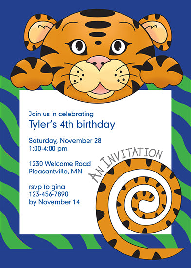 Jungle Animals Tiger Birthday Invitation, Green Pattern