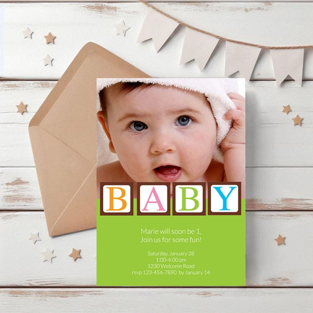 Baby Blocks - Green Birthday Invitation
