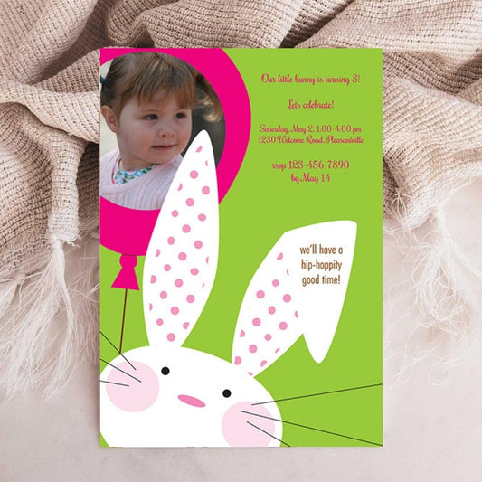 Birthday Bunny with Balloon Birthday Invitation