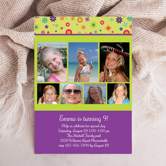 Floating Flowers - Purple Multi Birthday Invitation