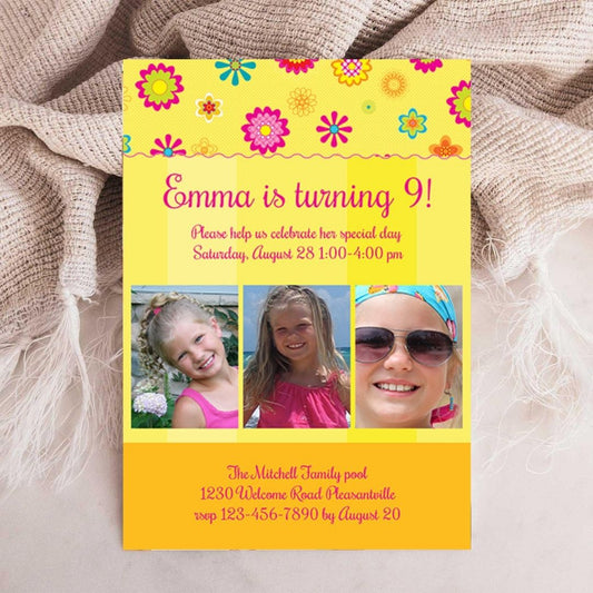 Floating Flowers & Stripes Birthday Invitation