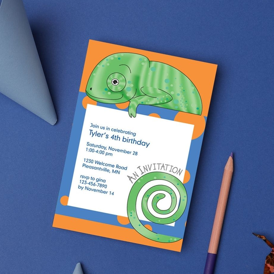 Jungle Animals Chameleon Birthday Invitation, Blue Pattern