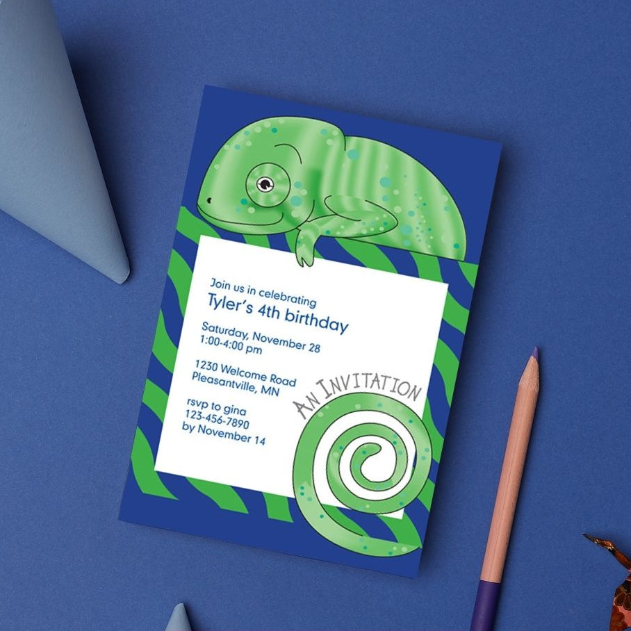 Jungle Animals Chameleon Birthday Invitation, Green Pattern