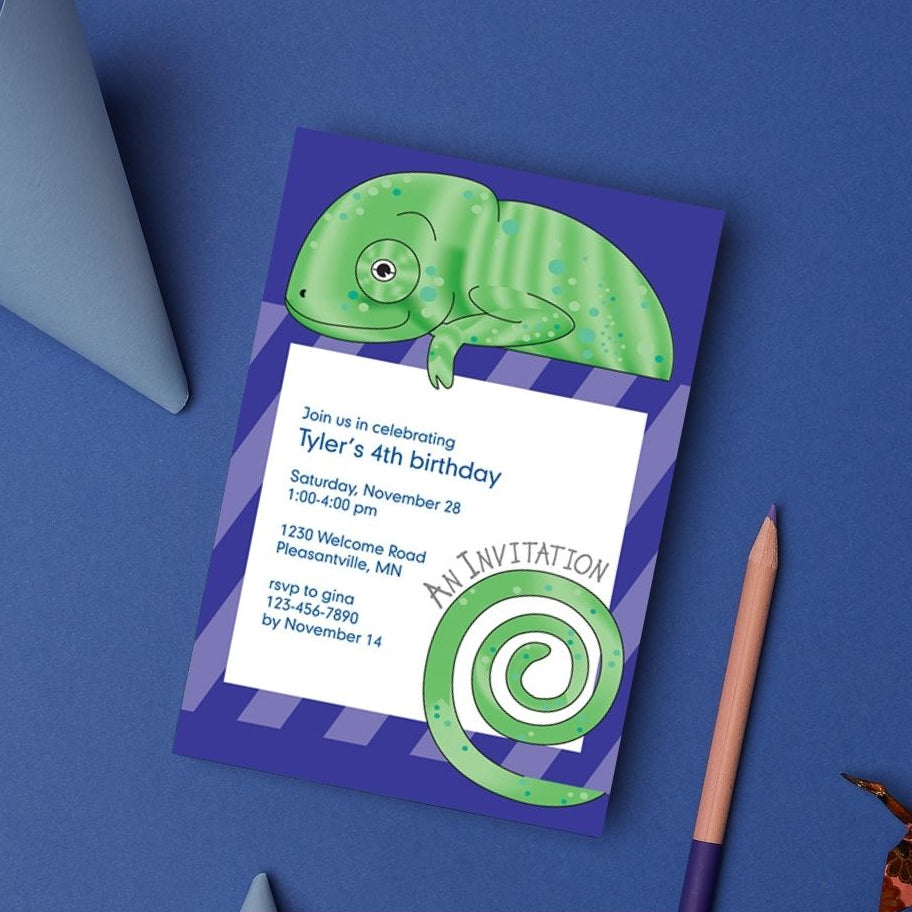 Jungle Animals Chameleon Birthday Invitation, Purple Pattern