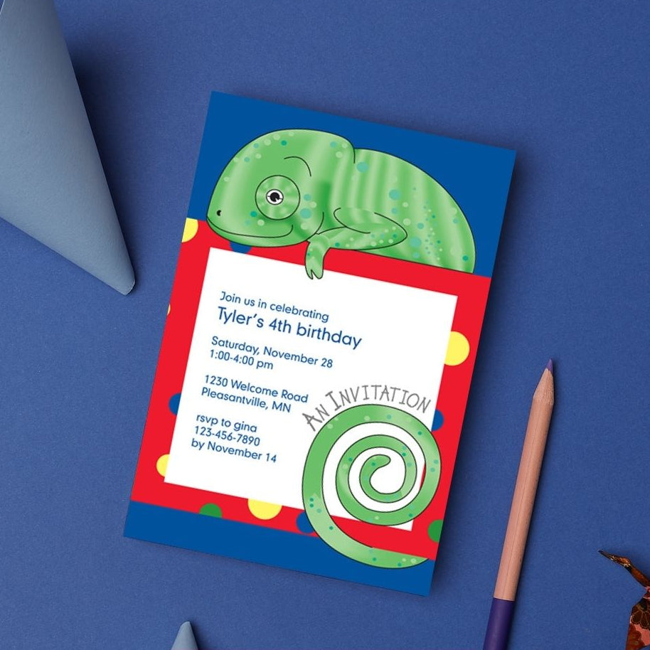 Jungle Animals Chameleon Birthday Invitation, Red Pattern