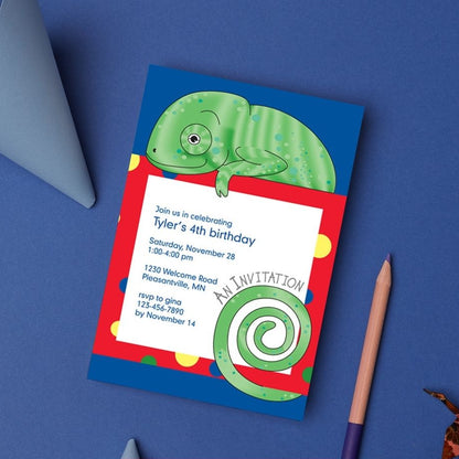 Jungle Animals Chameleon Birthday Invitation, Red Pattern