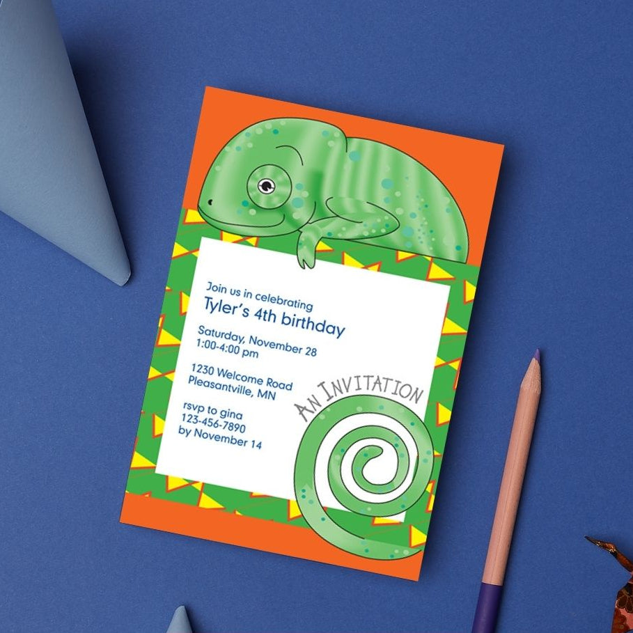 Jungle Animals Chameleon Birthday Invitation, Yellow Pattern
