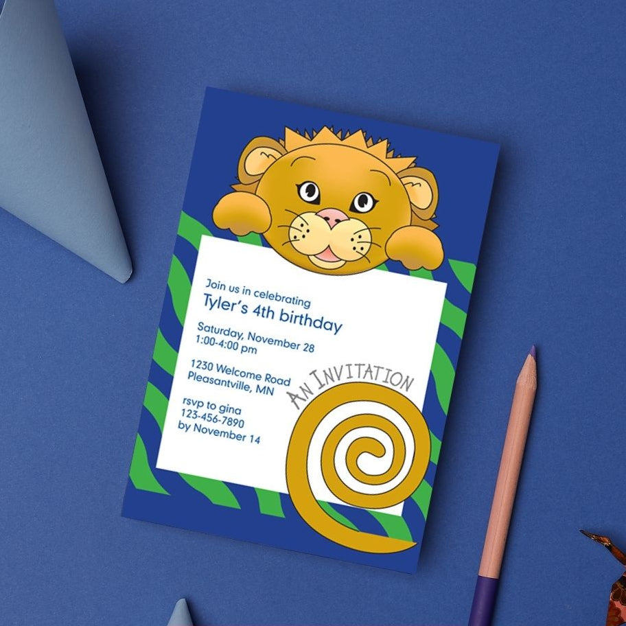 Jungle Animals Lion Birthday Invitation, Green Pattern