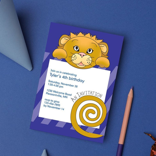 Jungle Animals Lion Birthday Invitation, Purple Pattern
