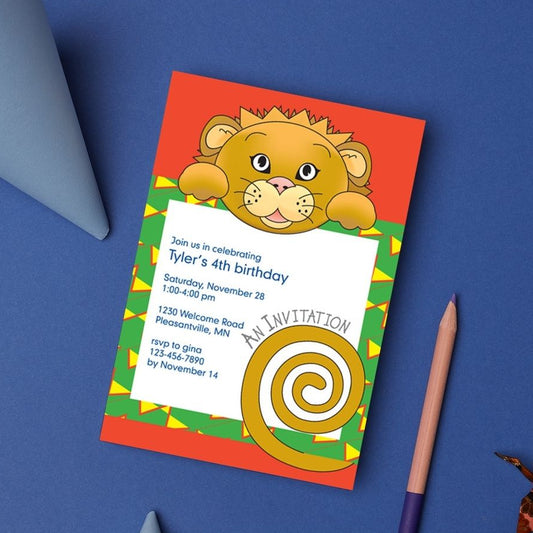 Jungle Animals Lion  Birthday Invitation, Yellow Pattern