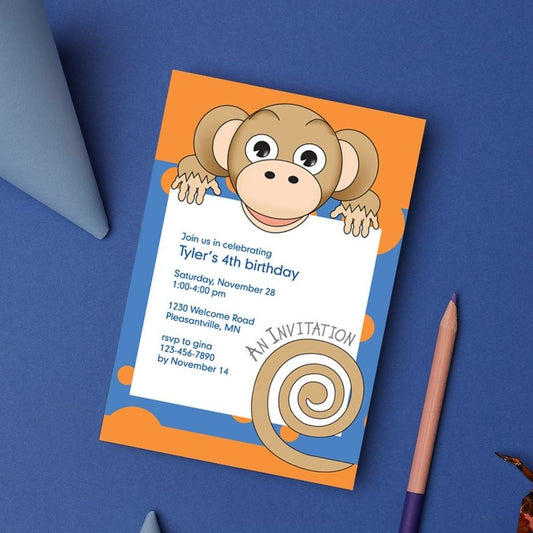 Jungle Animals Monkey Birthday Invitation, Blue Pattern
