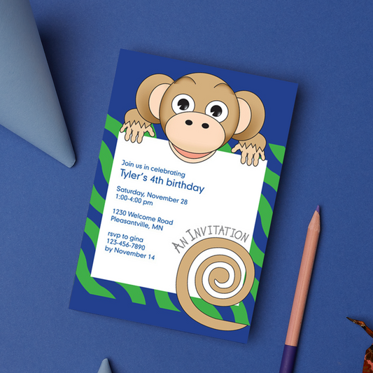 Jungle Animals Monkey Birthday Invitation, Green Pattern