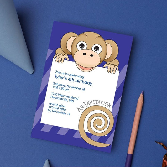 Jungle Animals Monkey Birthday Invitation, Purple Pattern