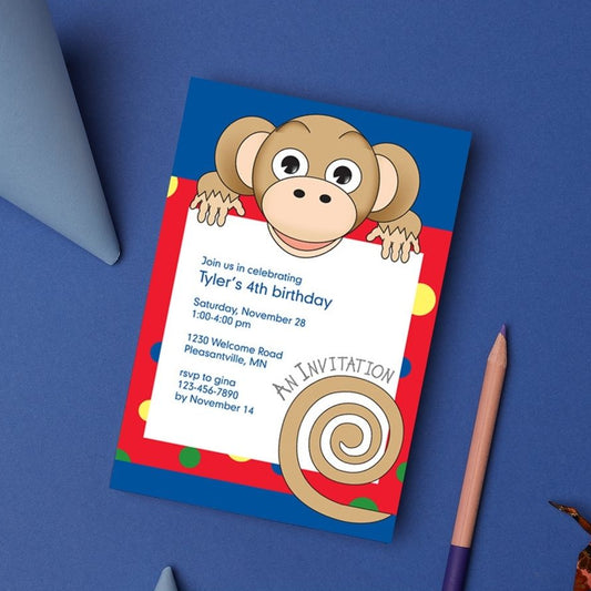 Jungle Animals Monkey Birthday Invitation, Red Pattern