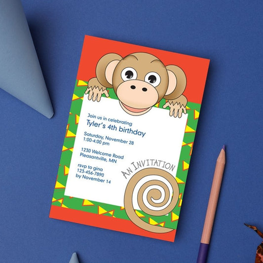 Jungle Animals Monkey Birthday Invitation, Yellow Pattern