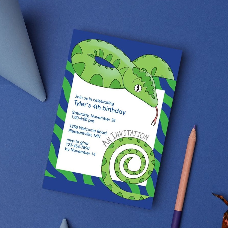 Jungle Animals Snake Birthday Invitation, Green Pattern
