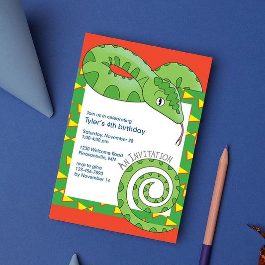 Jungle Animals Snake Birthday Invitation, Yellow Pattern