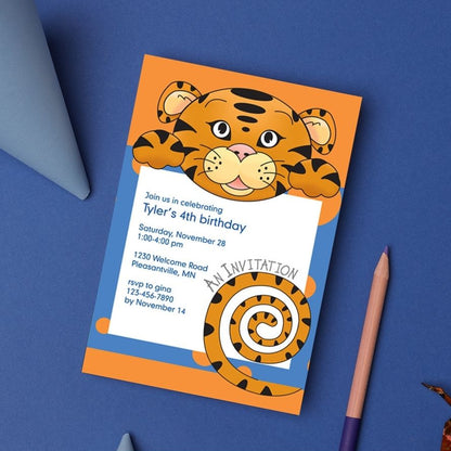 Jungle Animals Tiger Birthday Invitation, Blue Pattern
