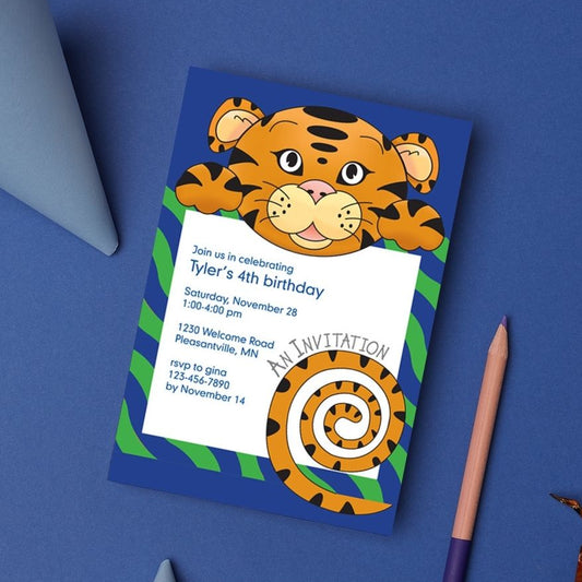 Jungle Animals Tiger Birthday Invitation, Green Pattern