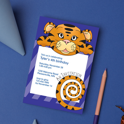 Jungle Animals Tiger Birthday Invitation, Purple Pattern